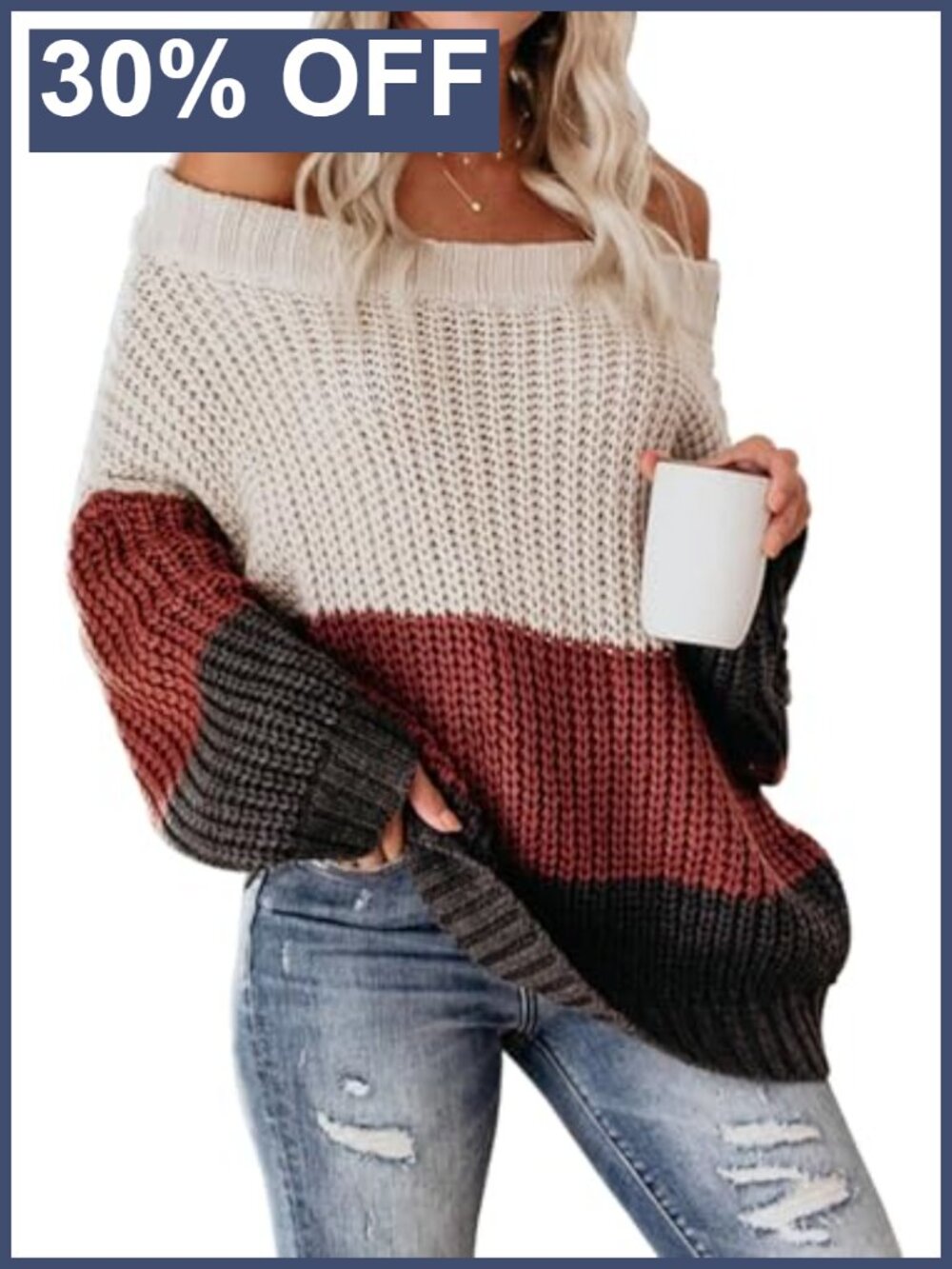 Womens Off Shoulder Oversized Chunky Knit Pullover Sweater